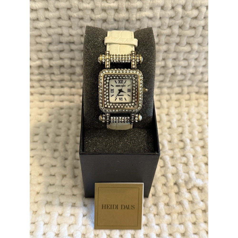 Heidi Daus Crystal Watch White Band Gold Tone Clear Stones NIB Needs Battery